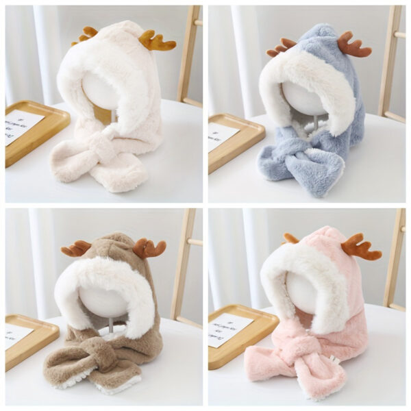 Cute Deer Hat Plush Rabbit Ear Funny Sweet Kawaii Winter Fluffy Fleece Warm Hat Plush Winter Thickened Cute Antlers Baby Hat With Scarf For 5-10 Y Children - Image 10