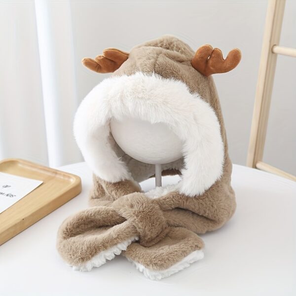 Cute Deer Hat Plush Rabbit Ear Funny Sweet Kawaii Winter Fluffy Fleece Warm Hat Plush Winter Thickened Cute Antlers Baby Hat With Scarf For 5-10 Y Children - Image 8