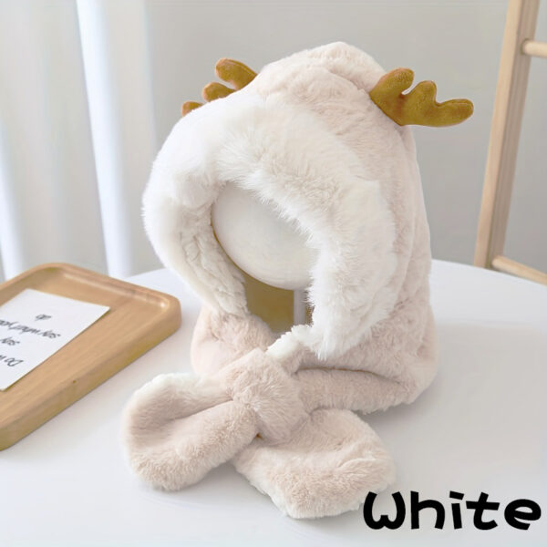 Cute Deer Hat Plush Rabbit Ear Funny Sweet Kawaii Winter Fluffy Fleece Warm Hat Plush Winter Thickened Cute Antlers Baby Hat With Scarf For 5-10 Y Children - Image 4