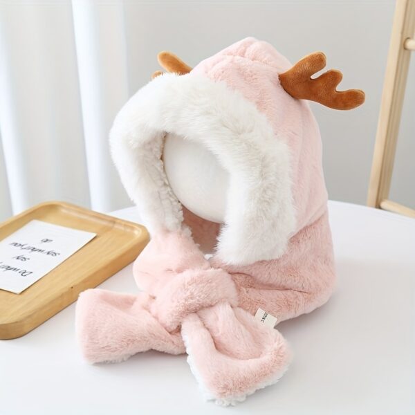 Cute Deer Hat Plush Rabbit Ear Funny Sweet Kawaii Winter Fluffy Fleece Warm Hat Plush Winter Thickened Cute Antlers Baby Hat With Scarf For 5-10 Y Children - Image 3