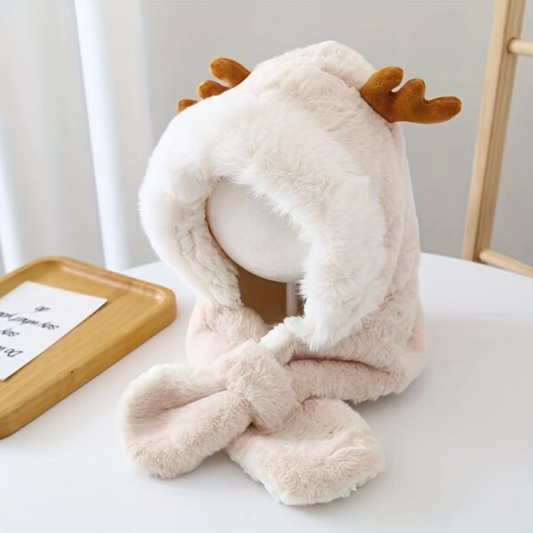 Cute Deer Hat Plush Rabbit Ear Funny Sweet Kawaii Winter Fluffy Fleece Warm Hat Plush Winter Thickened Cute Antlers Baby Hat With Scarf For 5-10 Y Children - Image 7