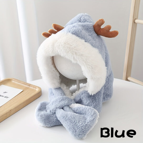 Cute Deer Hat Plush Rabbit Ear Funny Sweet Kawaii Winter Fluffy Fleece Warm Hat Plush Winter Thickened Cute Antlers Baby Hat With Scarf For 5-10 Y Children - Image 5