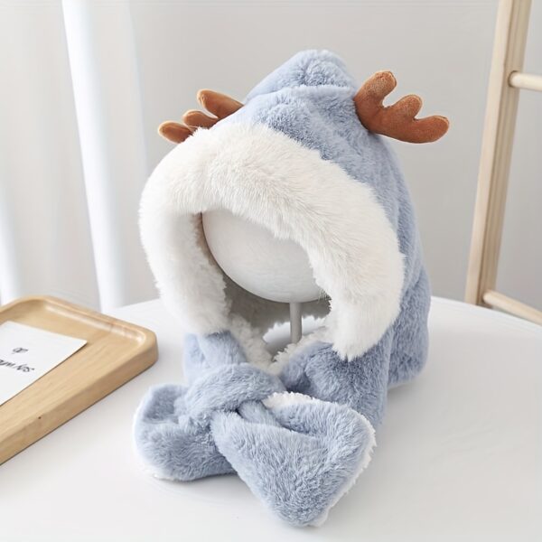 Cute Deer Hat Plush Rabbit Ear Funny Sweet Kawaii Winter Fluffy Fleece Warm Hat Plush Winter Thickened Cute Antlers Baby Hat With Scarf For 5-10 Y Children - Image 2