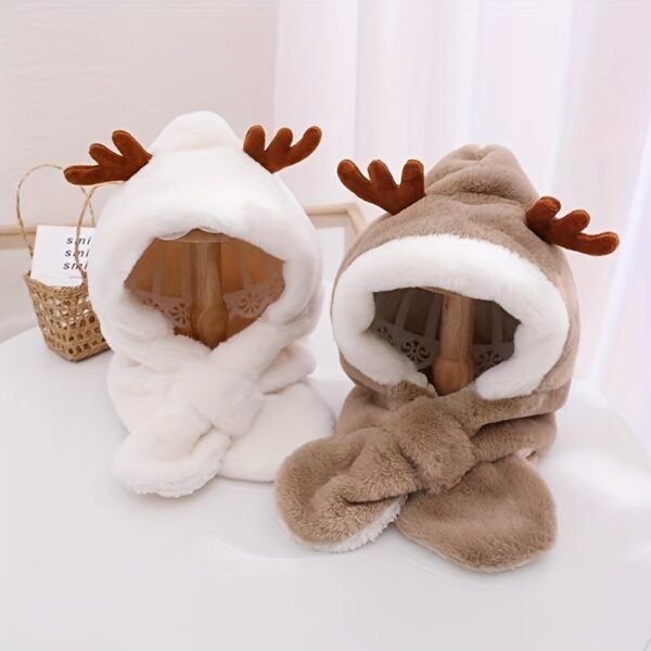 Cute Deer Hat Plush Rabbit Ear Funny Sweet Kawaii Winter Fluffy Fleece Warm Hat Plush Winter Thickened Cute Antlers Baby Hat With Scarf For 5-10 Y Children